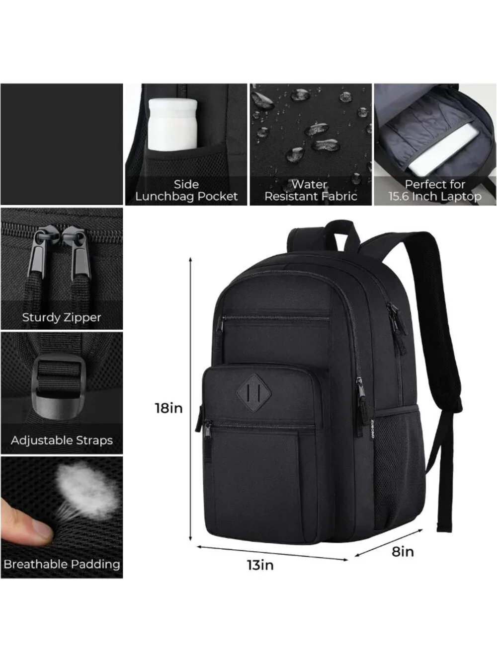 Lightweight Unisex Black Backpack for School & Travel, Fits 15.6